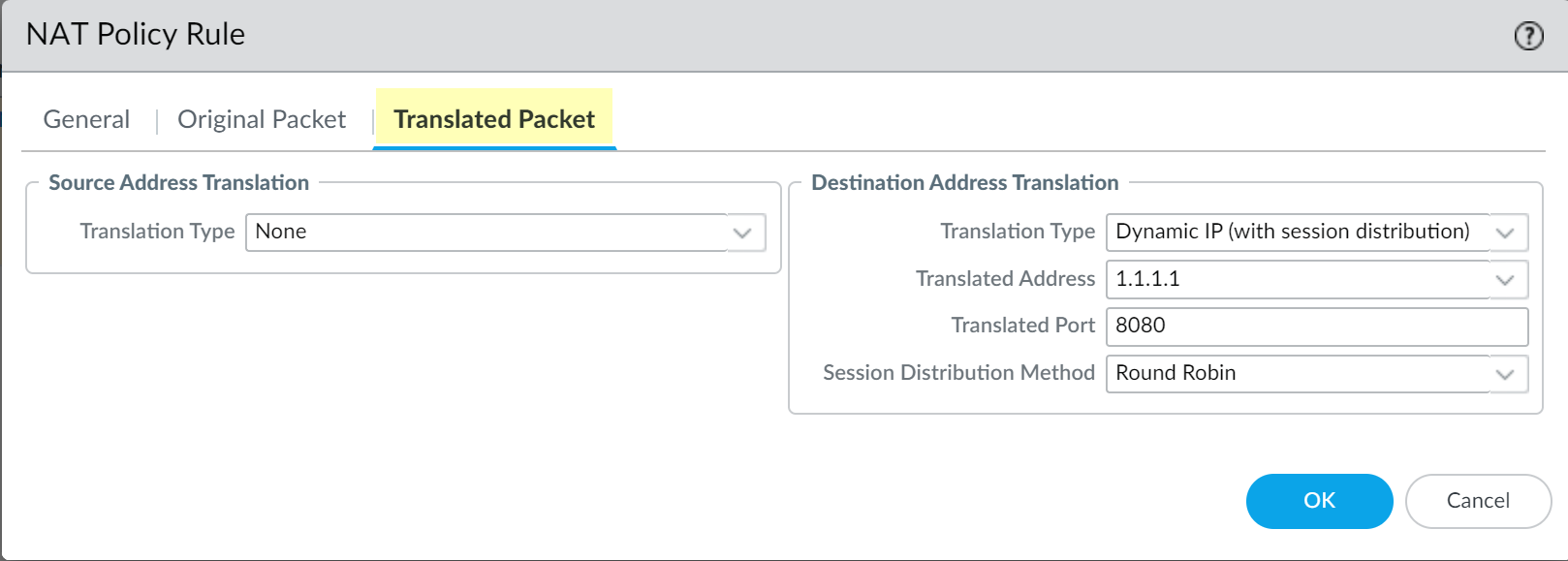 NAT Policy Rule Translated Packet Tab