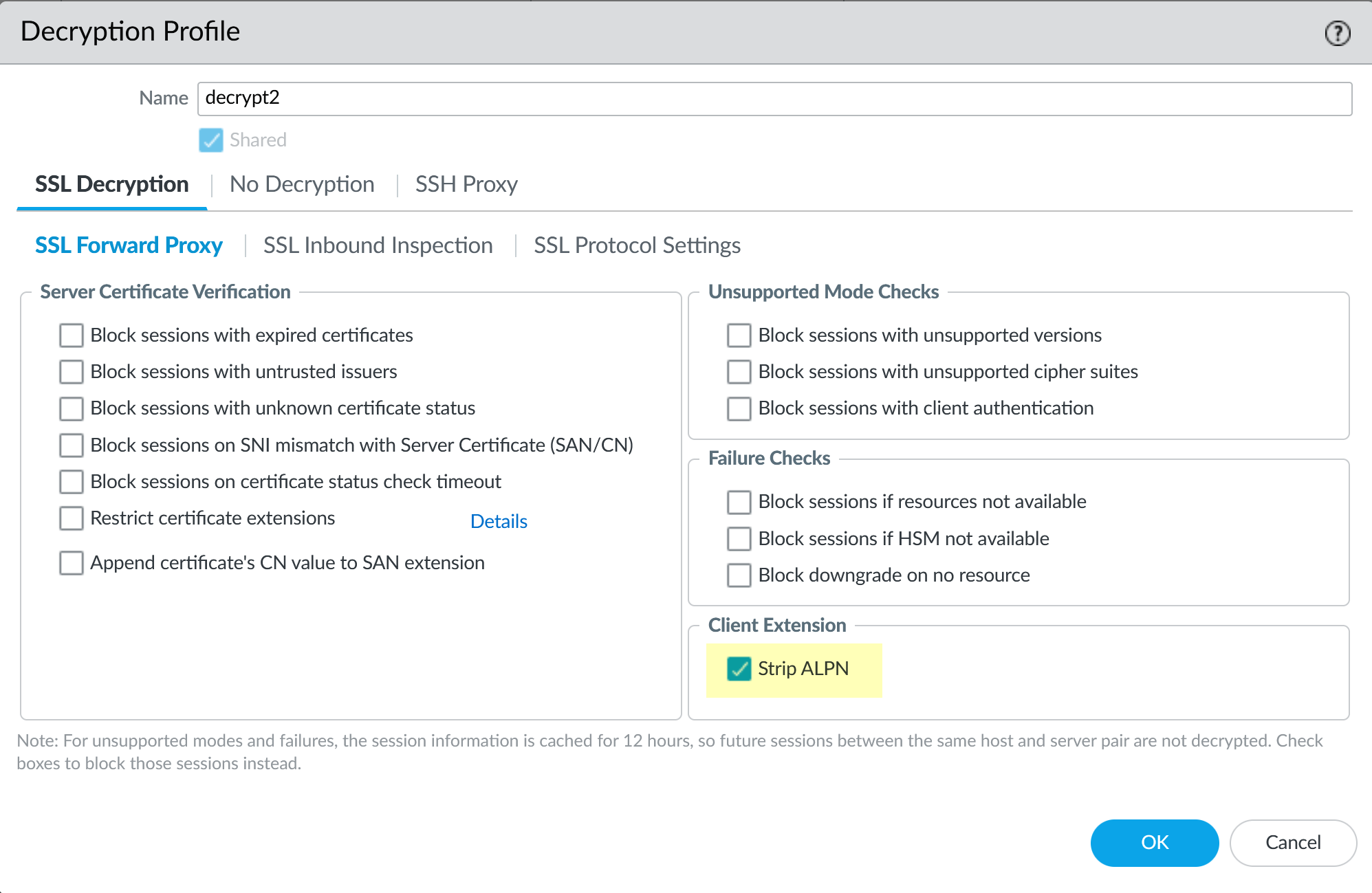 Explicit Proxy Config showing Strip ALPN checkbox