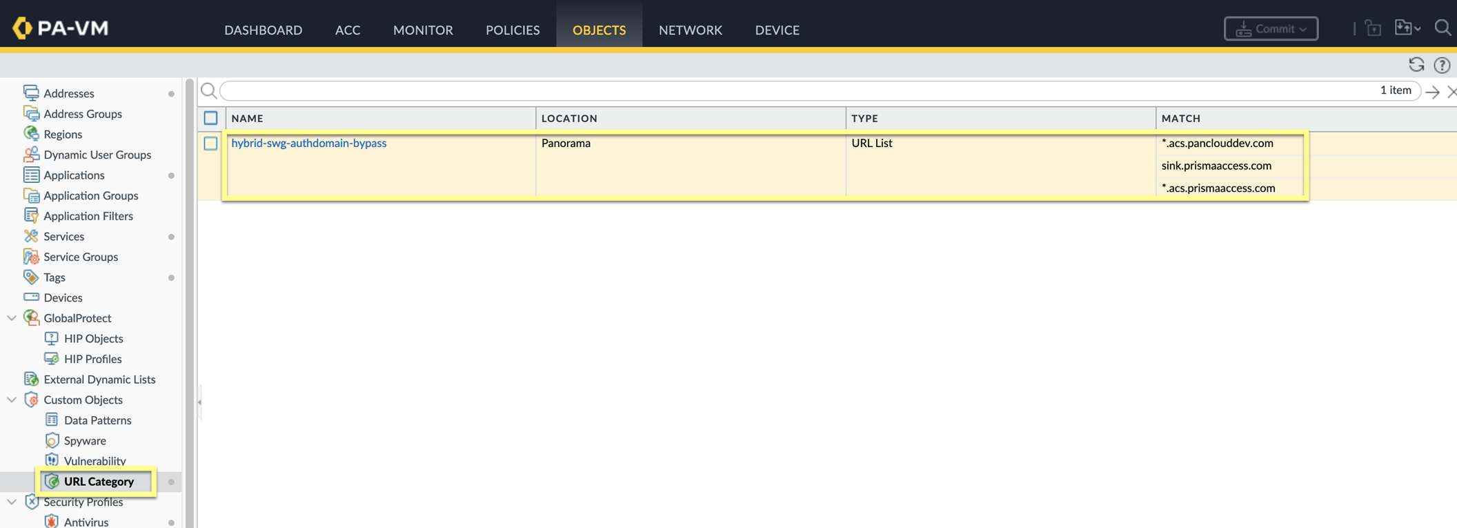 List view of hybrid-swg-authdomain-bypass URL Category