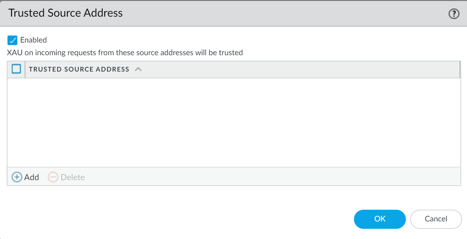 Trusted Authentication Gateway configuration screen