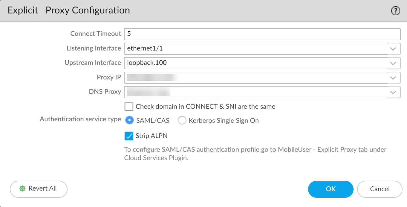 Explicit Proxy Config showing SAML/CAS selected