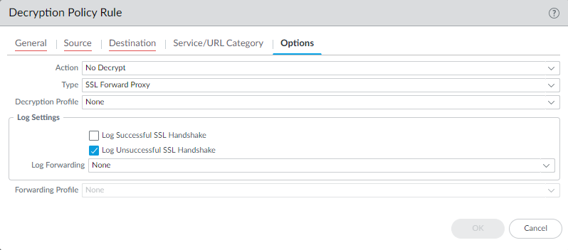 Decryption Policy rule Actions tab showing log settings
