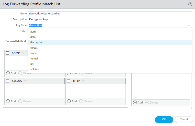 Log Forwarding Profile configuration showing Decryption log type selected