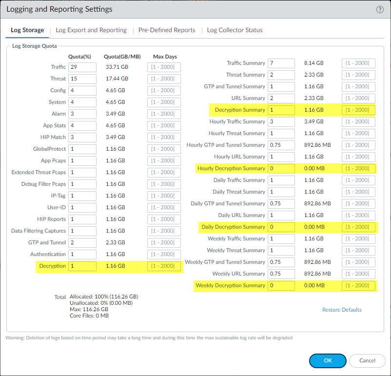 Logging and Reporting Settings showing log storage quotas