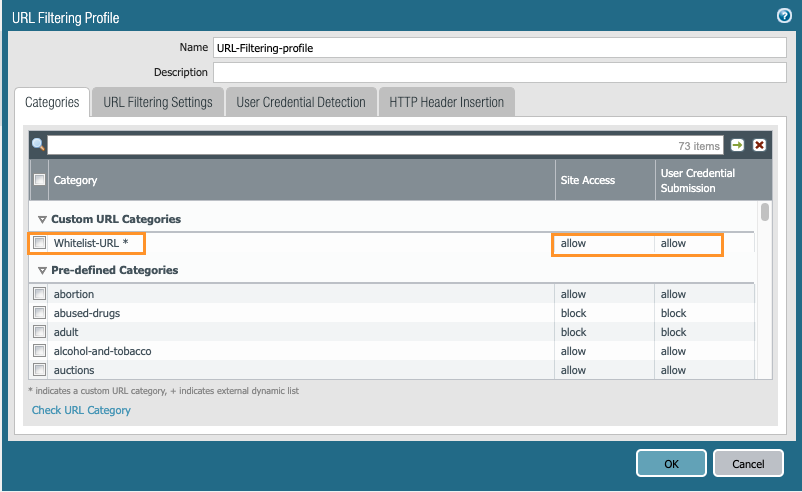 Snapshot of the URL Filtering Profile dialog box