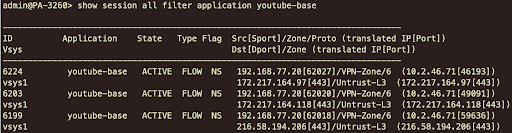 Admin view of PA-3260 in show session all filter application command