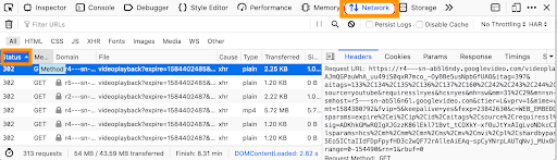 Example of the Firefox Web Developer tool showing status column 302 results