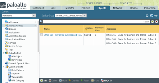 Panorama Object Tab Address Groups