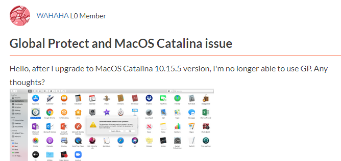 Screenshot of the discussion about GP and Catalina upgrade