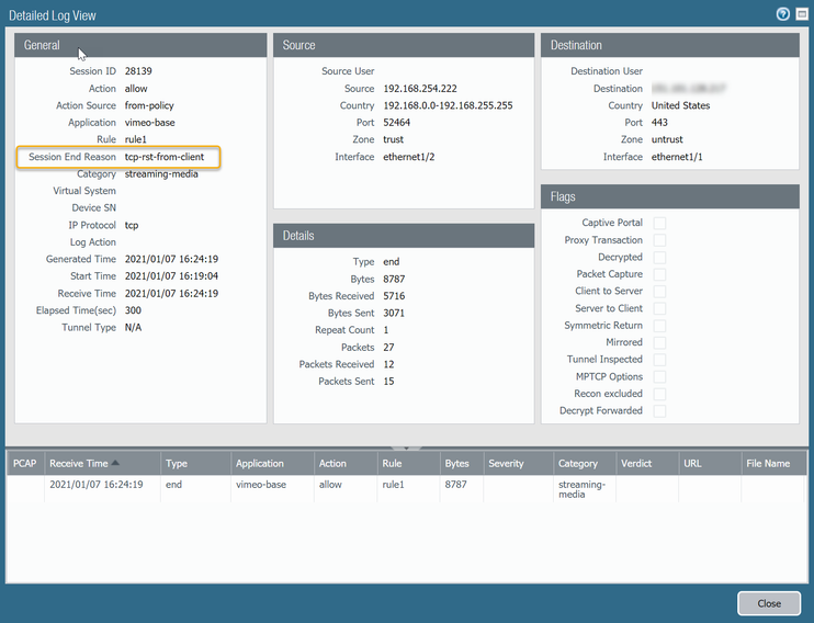 Detailed log view showing the reset for the reason