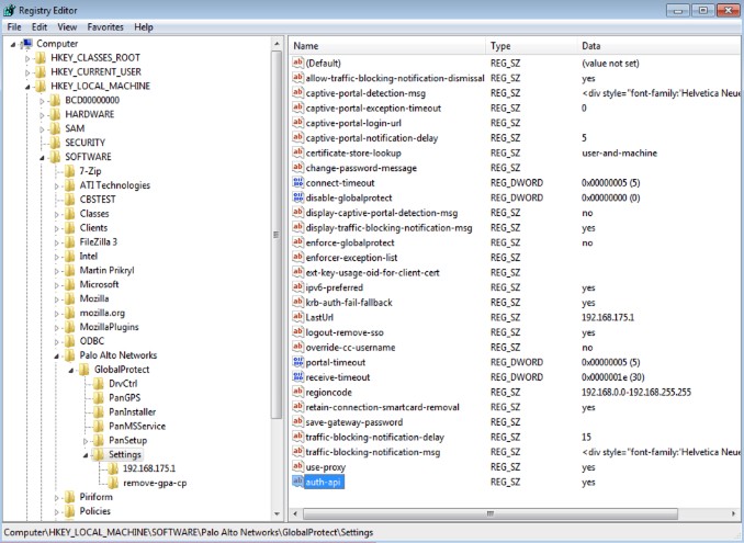 Windows Registry auth-api setting