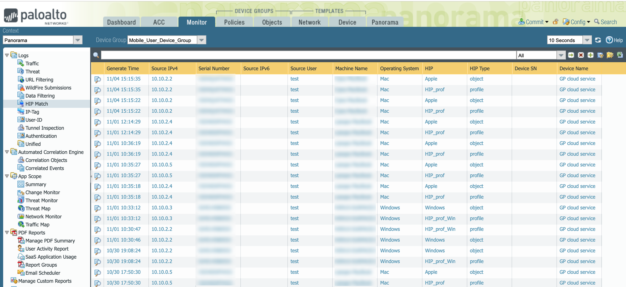Screenshot of Panorama Monitor > Logs > HIP Match screen