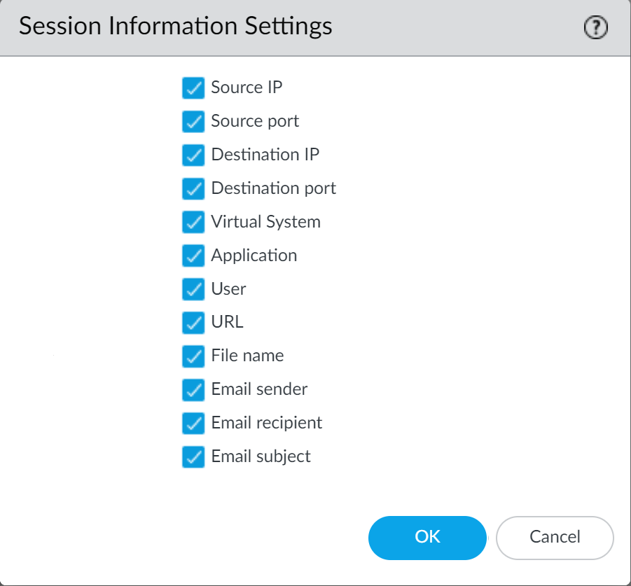 A screenshot of Session Information Settings in PAN-OS