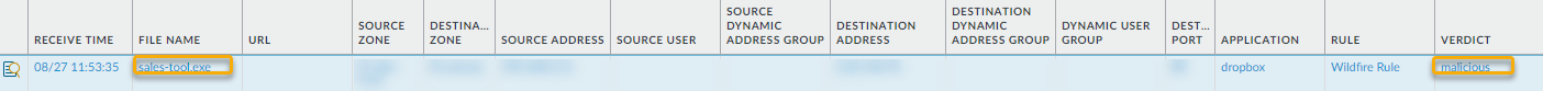 WildFire Submission Log showing malicious verdict