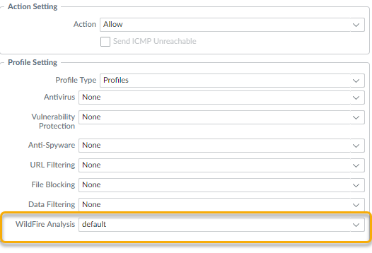 Attaching Wildfire profile in Security Policy Actions