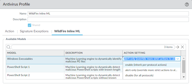 WildFire Inline ML configuration tab