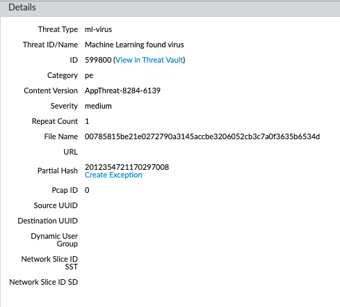 Threat log showing ml-virus type