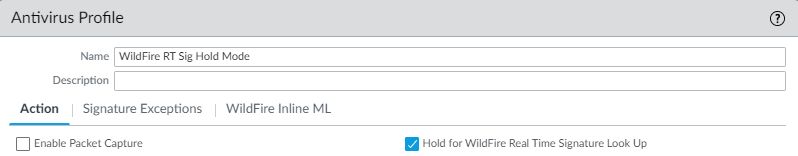 Enable Hold for Wildfire checkbox in Antivirus Profile