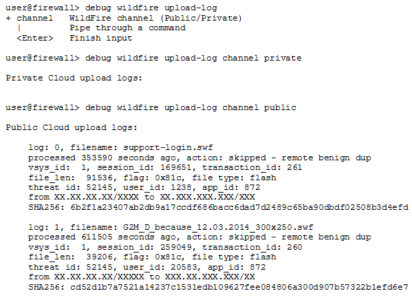 CLI output of debug wildfire upload-log commands