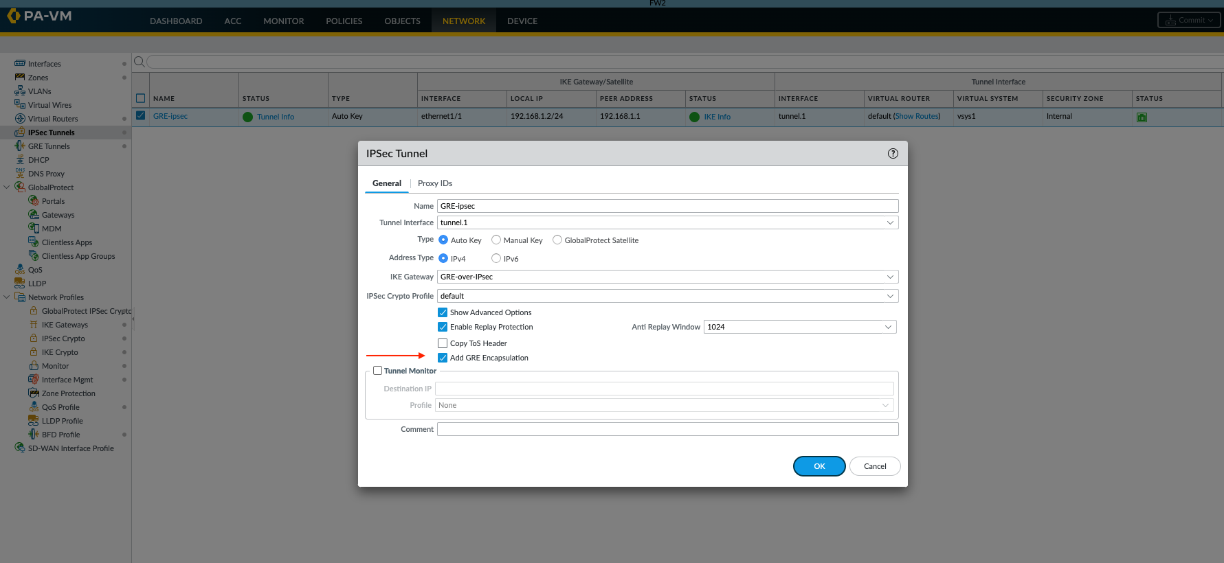 Palo Alto Networks GUI: IPSec Tunnel configuration - Advanced Options showing 'Add GRE encapsulation' checkbox.