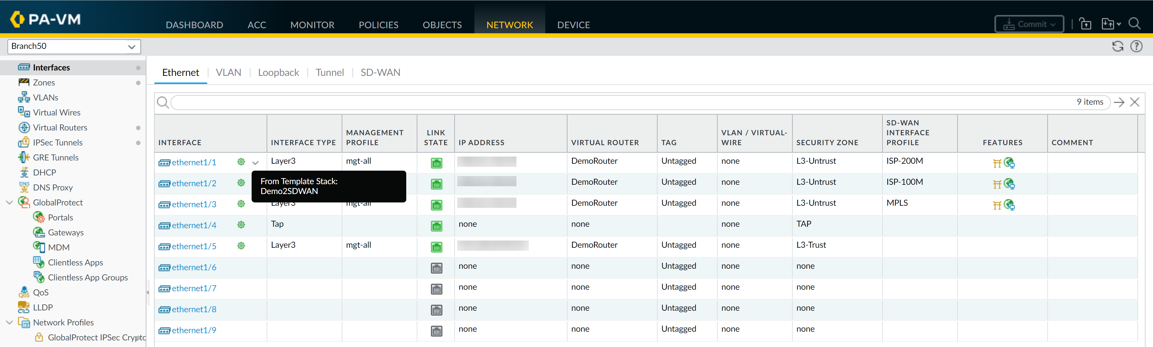 Verifying Template Stack Setting on Firewall Context