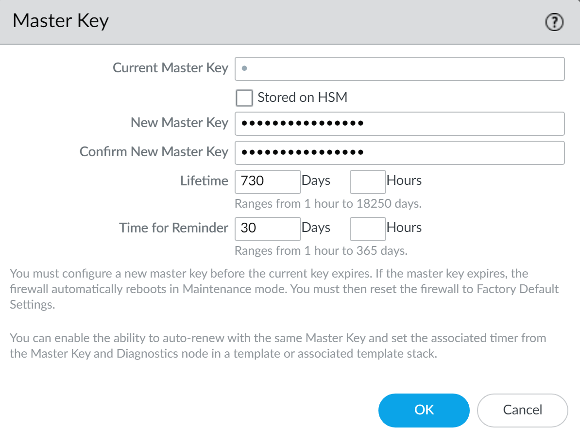Change Master Key Dialog for Firewall