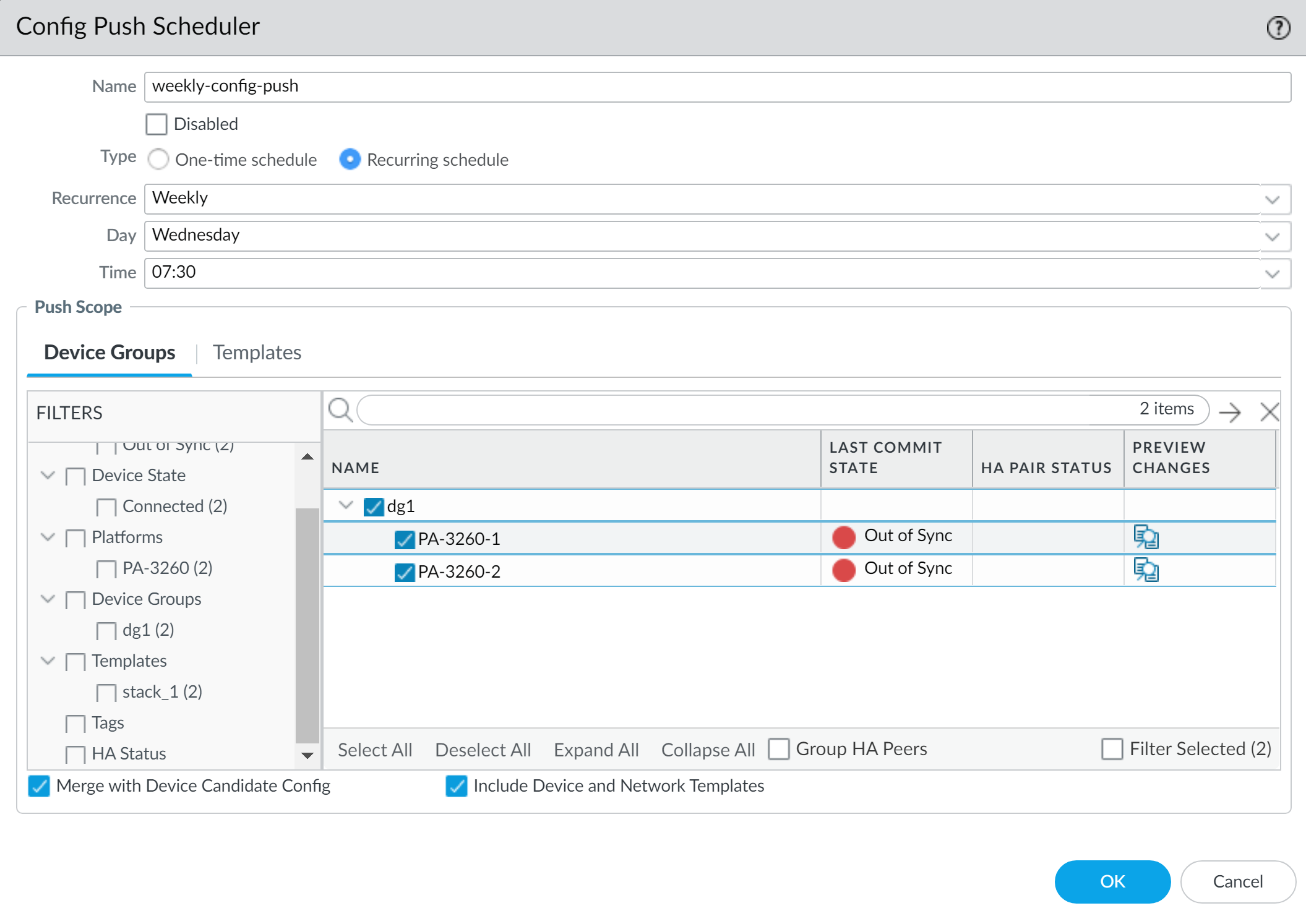 Scheduled Config Push Configuration Dialog