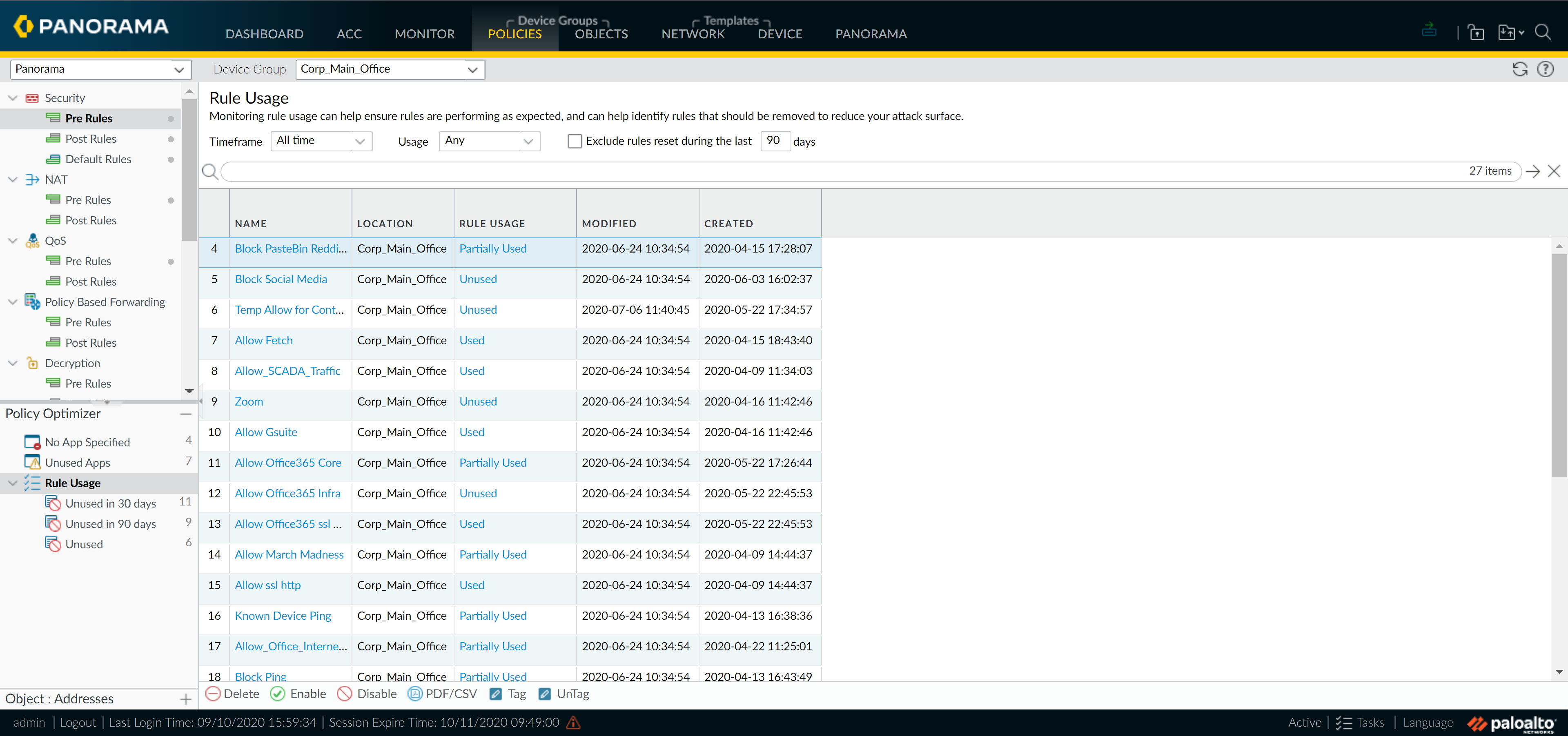 Policy Optimizer Rule Usage Filter