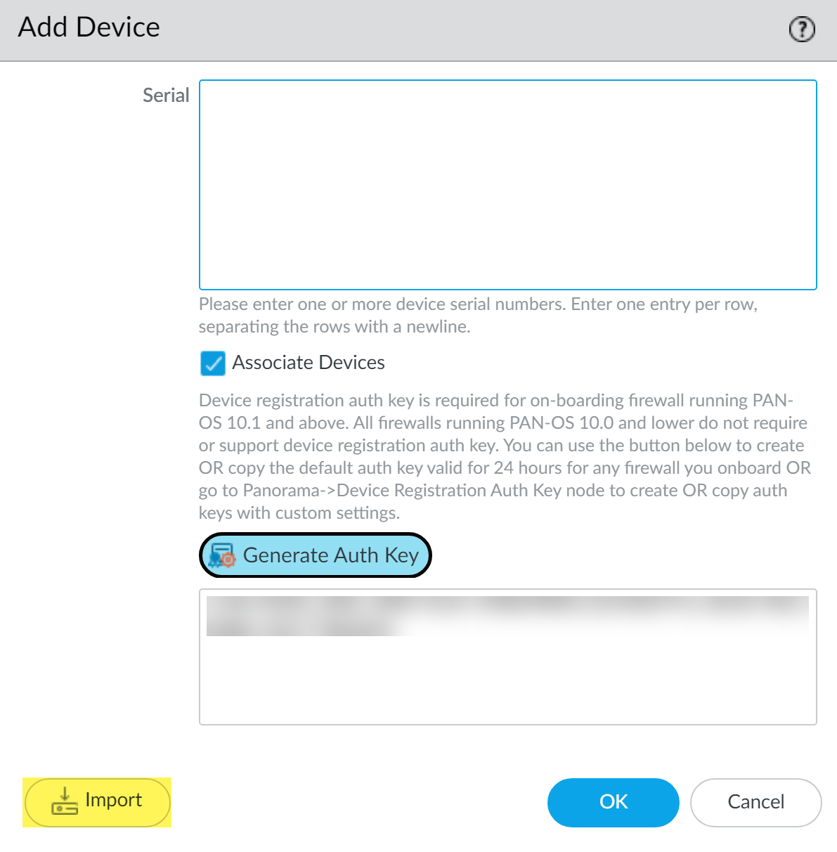 Bulk Import Dialog - Auth Key & Import Button