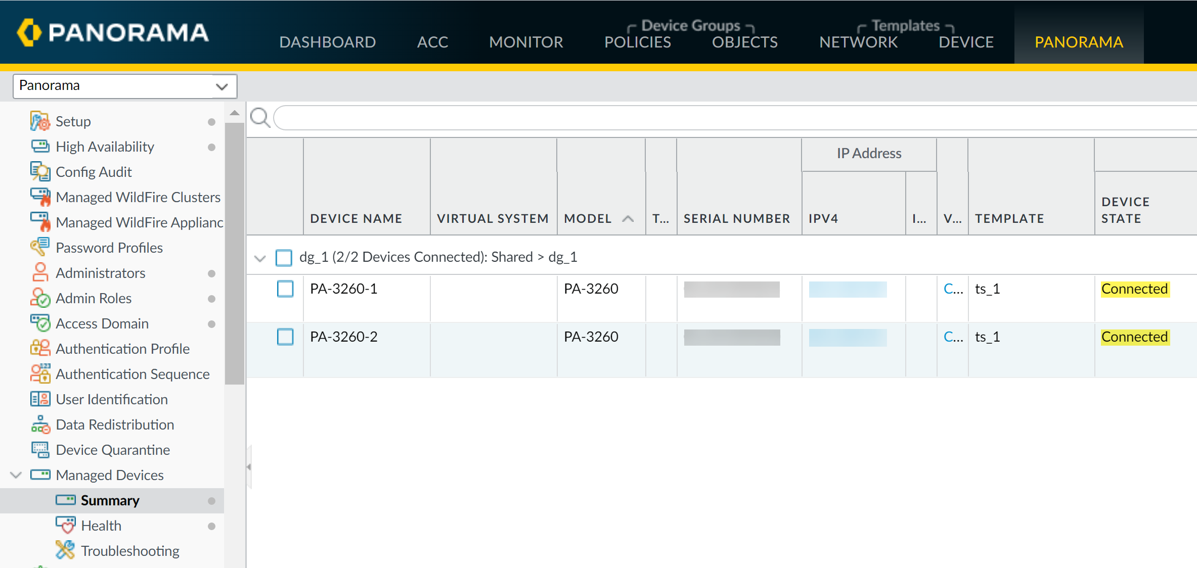 Managed Devices Summary Showing Connected State