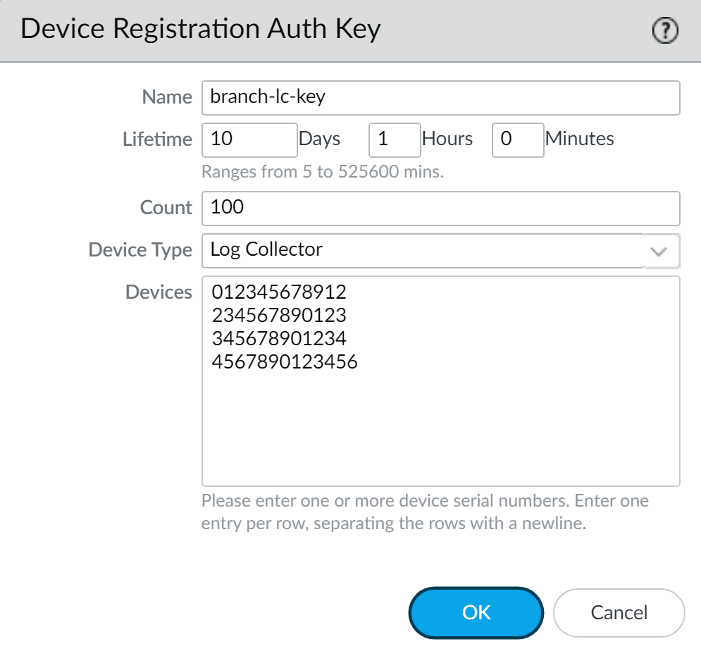 Panorama Device Registration Auth Key Configuration screen.