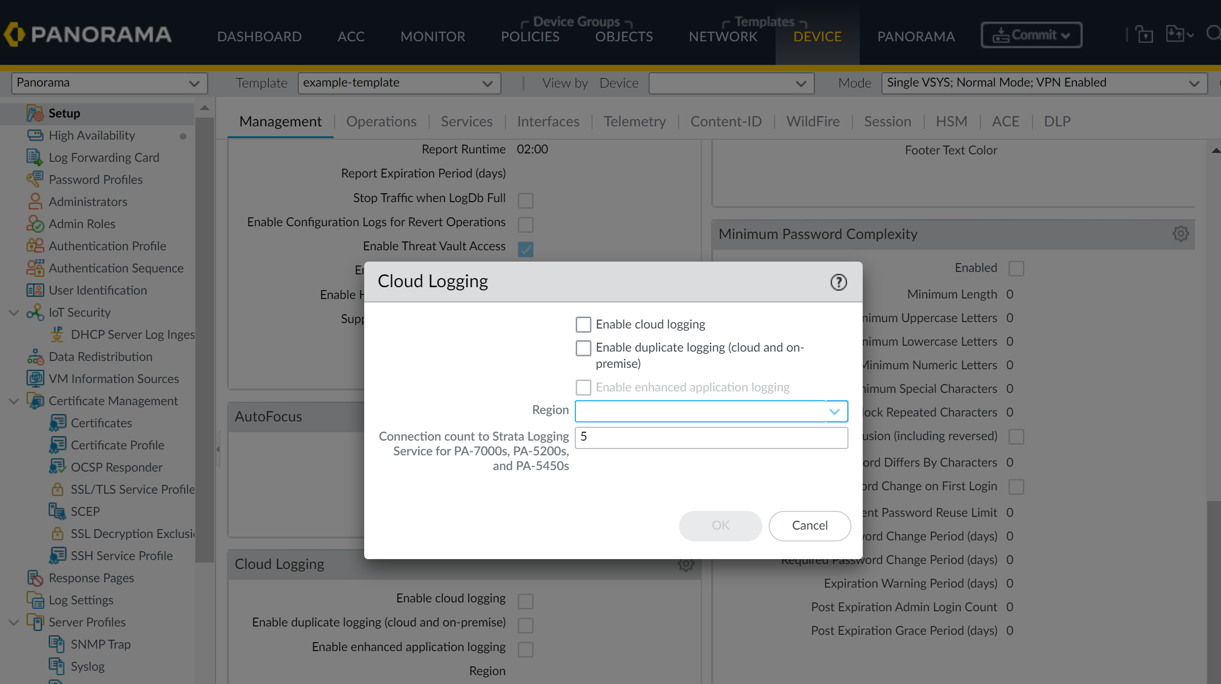 Strata Logging Service configuration options in Panorama.
