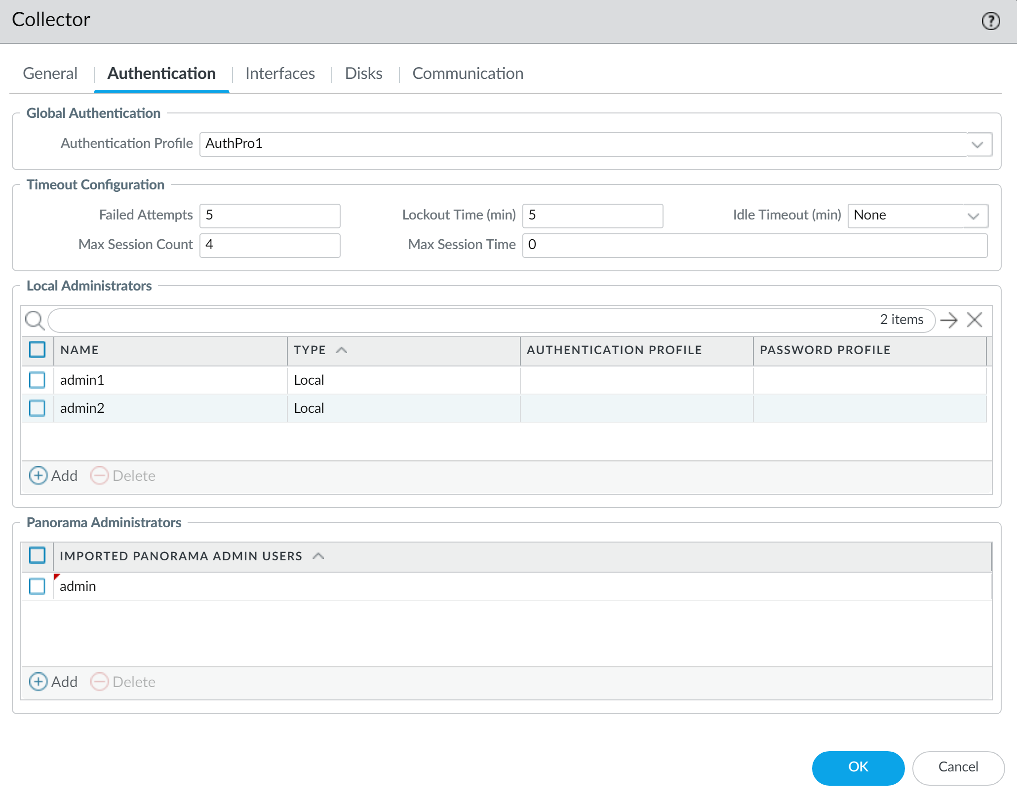 Dedicated Log Collector Authentication Configuration screen.