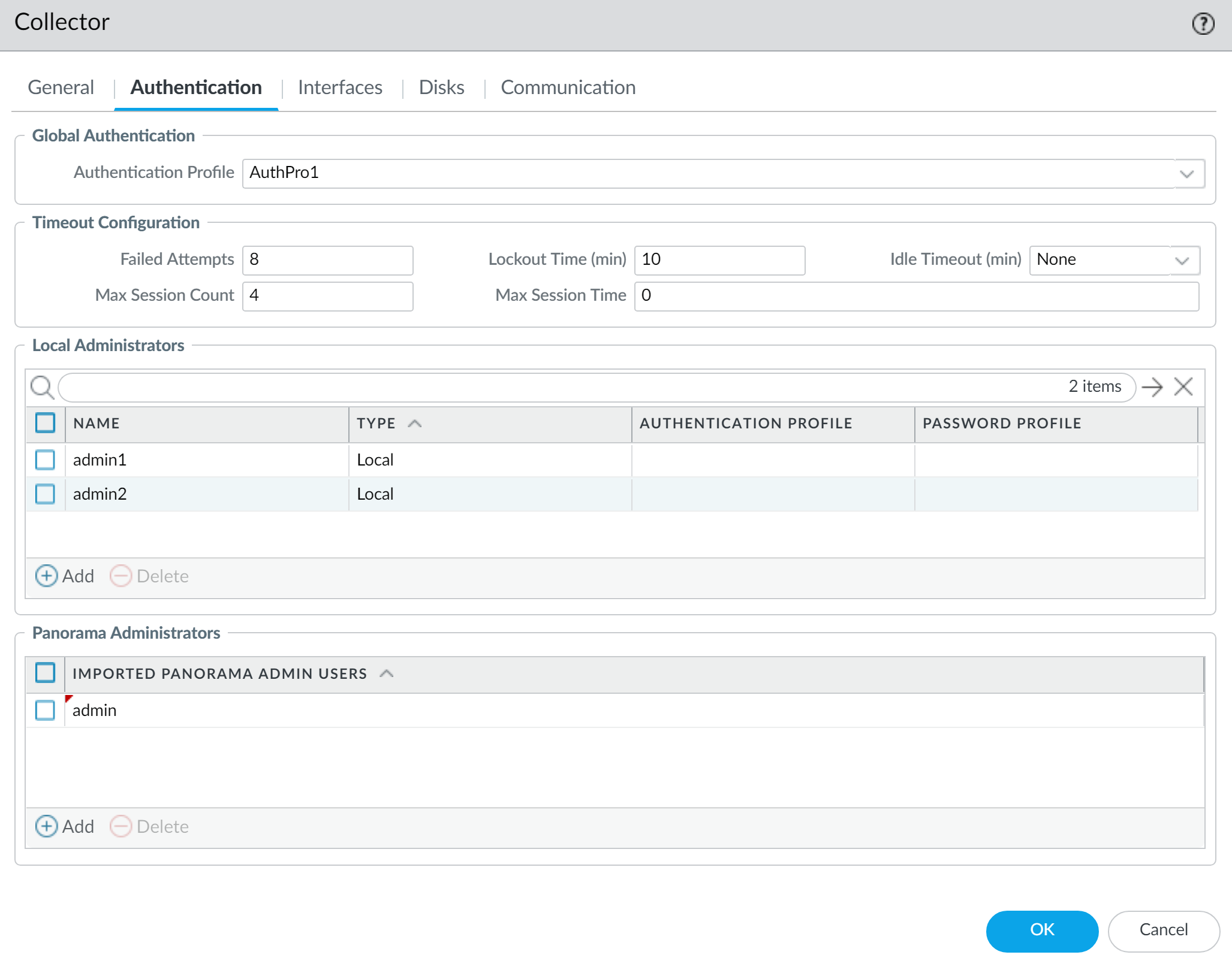 Dedicated Log Collector Authentication configuration with external auth profile.