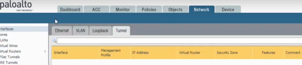 Palo Alto Networks GUI: Network > Interfaces > Tunnel tab.