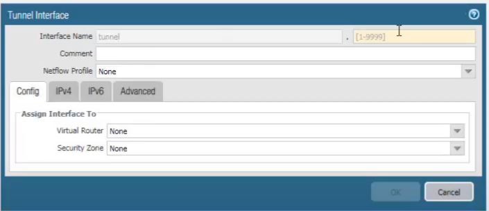 Palo Alto Networks GUI: Tunnel Interface configuration window - General tab.