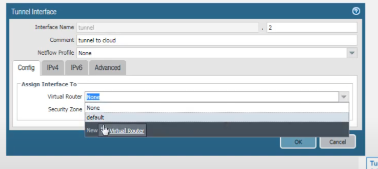Palo Alto Networks GUI: Tunnel Interface configuration window - Assigning to Security Zone.