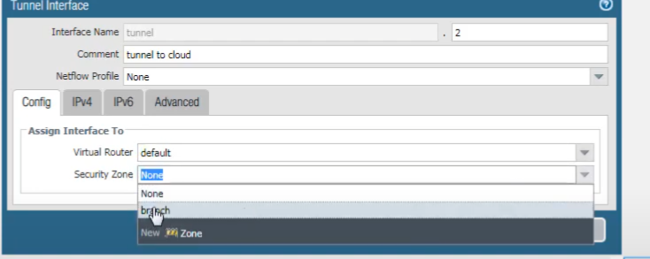 Palo Alto Networks GUI: Tunnel Interface configuration window - IPv4 tab.