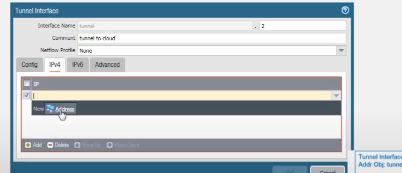 Palo Alto Networks GUI: Tunnel Interface configuration window - Adding IP address 192.168.2.1/24.