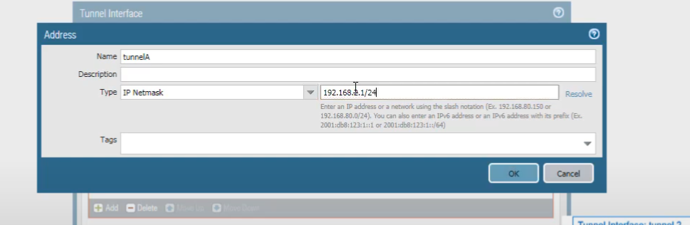 Palo Alto Networks GUI: Tunnel Interface configuration window - IPv4 tab showing added IP.