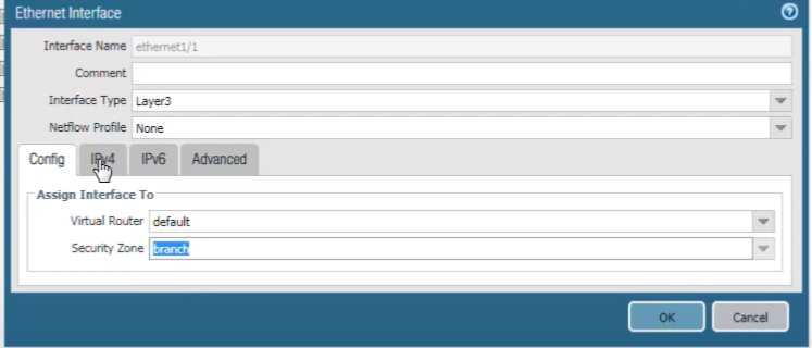 Palo Alto Networks GUI: Ethernet Interface configuration window - General tab.