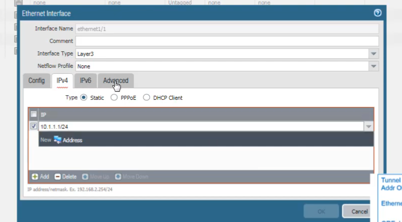 Palo Alto Networks GUI: Ethernet Interface configuration window - IPv4 tab showing added IP 10.1.1.1/24.
