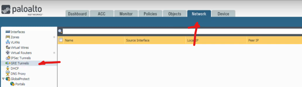 Palo Alto Networks GUI: Network > GRE Tunnels tab.