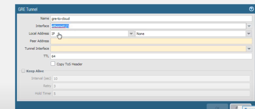 Palo Alto Networks GUI: GRE Tunnel configuration window - Local interface and IP.