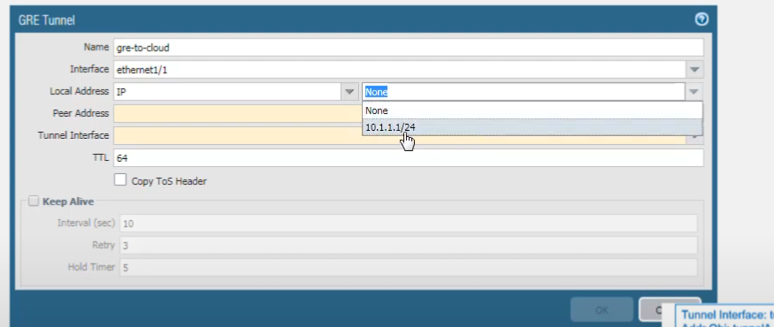 Palo Alto Networks GUI: GRE Tunnel configuration window - Peer Address 10.1.1.3 and Tunnel Interface tunnel.1.