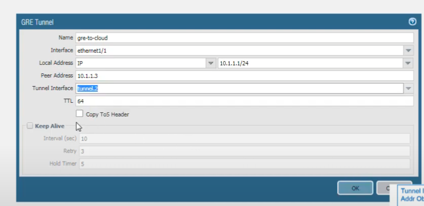 Palo Alto Networks GUI: GRE Tunnel configuration window - TTL and Copy TOS.