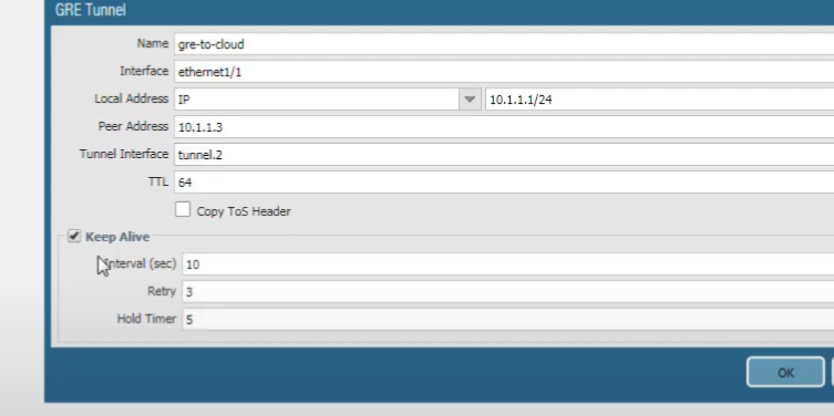 Palo Alto Networks GUI: GRE Tunnel configuration window - Enable Keep Alive.