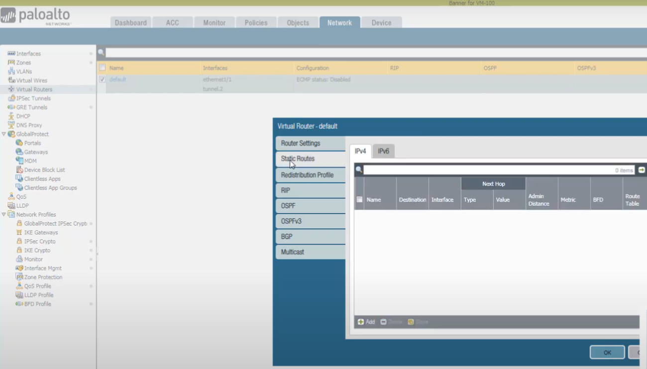 Palo Alto Networks GUI: Virtual Router > Static Routes configuration.