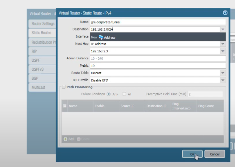 Palo Alto Networks GUI: Static Route configuration window populated.