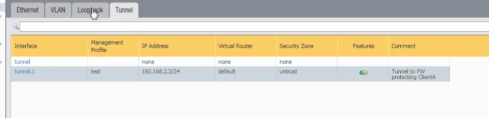 Palo Alto Networks GUI: Peer firewall - Tunnel interface tunnel.1 with IP 192.168.2.3/24.